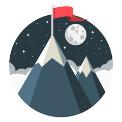 Wall Mural - Berg mit Fahne, Wolken, Sternen und Mond Flat Design Icon