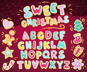 Sticker - Merry christmas sweet font. Vector holiday illustration set cookie letters and figured gingerbread cookies. Heart, snowflake, fir-tree, sock, star, gift, lollipop, gingerbread man. Cartoon alphabet