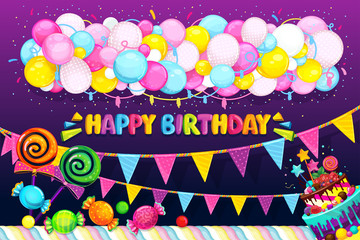 Canvas Print - Happy Birthday vector set. Balloons, flags, candy and cake