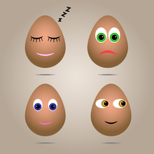 Set Of Four Realistic Brown Chicken Eggs. Eggs Are Painted With Emotions In The Form Of Funny Faces. Vector: Isolated On A Light Brown Background. Template For A Happy Easter Holiday.
