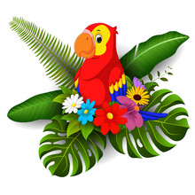 Cartoon Parrot With Tropical Flower And Leave Background