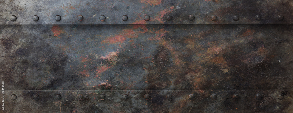 Rusty black metal plate with bolts background, banner. 3d illustration - obrazy, fototapety, plakaty 