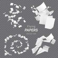 Vector Set Of Different Groups Of Flying Papers And Paper Planes Isolated On Transparent Background