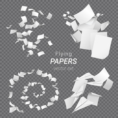 vector set of different groups of flying papers and paper planes isolated on transparent background