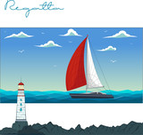 Fototapeta Łazienka - Blue sea with yacht and lighthouse.