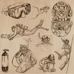 Canvas Print - DIVING - An hand drawn vector collection, Divers. Freehand drawing. Line art sketching.