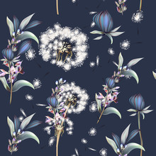 Botanical Vector Pattern With Dandelions, Flowers And Lavender