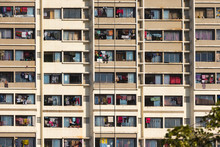 Section From The Exterior Of An Residential Building, All Balconies Full Of Laundry Hanged, Mumbai, India