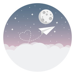 Wall Mural - Papierflieger über Wolken fliegt zu Mond Flat Design Icon