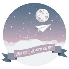 Wall Mural - Papierflieger über Wolken fliegt zu Mond Flat Design Icon