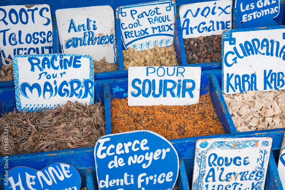 Selection of spices on a traditional Moroccan market (souk) in Marrakech, Morocco