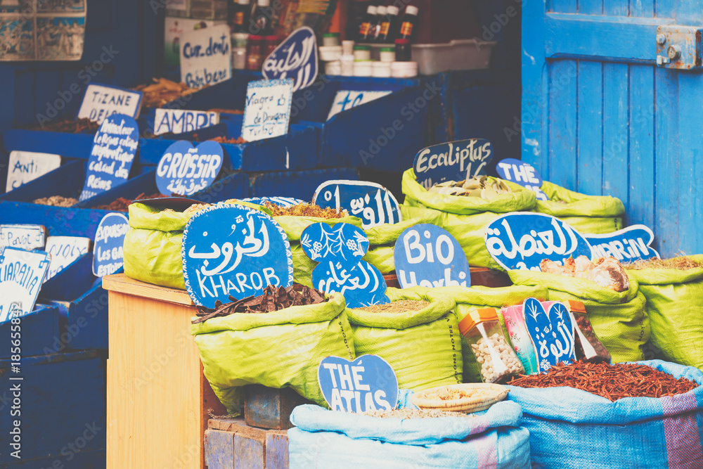 Selection of spices on a traditional Moroccan market (souk) in Marrakech, Morocco