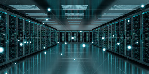 Fototapete - Server room center exchanging cyber datas 3D rendering