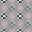 Prince of Wales check pattern in classic black and white with red overcheck. Seamless glen plaid vector texture. Diagonal print. 