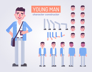 Wall Mural - Happy young man character with various views, face emotions, poses . Front, side, back view animated character.Vector clip art