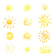 Watercolor Sun Set Vector Illustration. Bright Yellow Color Symbol With Sunbeams, Solar Rays.