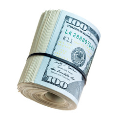 A large roll of hundred dollar bills knitted by a black rubber band isolated on white background.