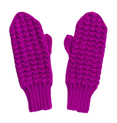 Wall Mural - Violet knitted mittens isolated on a white background