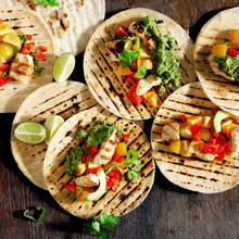 Tortilla Chicken Grilled Meat, Vegetables Avocado Sauce On Wooden Background
