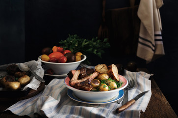 Wall Mural - Plate of grilled beef steak and fried potatoes. Rustic style