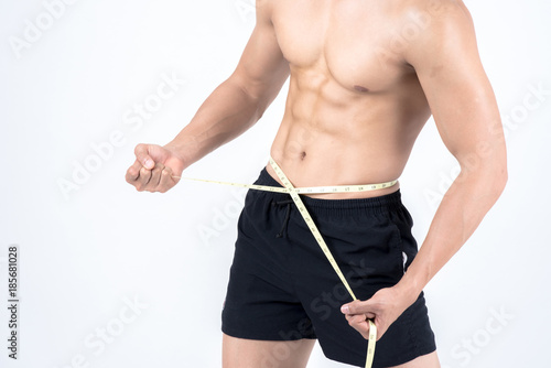 Fitness And Health Concept Fit Sport Man Measuring Waist To