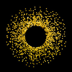 Circle round gold glitter splash with empty center isolated on black background object decoration party merry christmas happy new year backdrop design