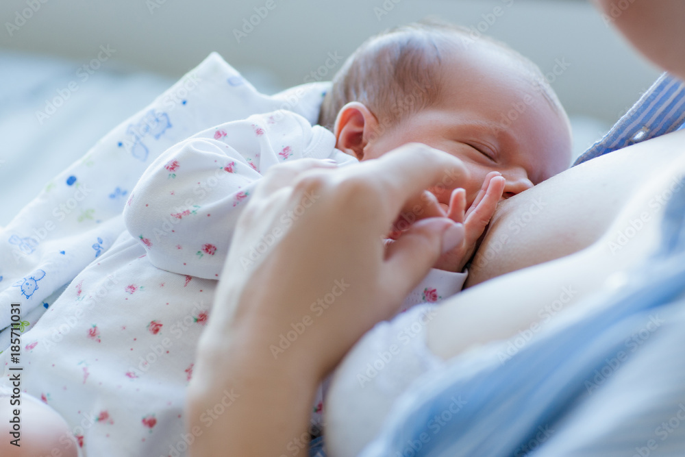 benefits of breastfeeding for newborns. happy motherhood. family values. - obrazy, fototapety, plakaty 