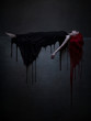 Beautiful red haired woman in black dress and blood lying on the stone.
