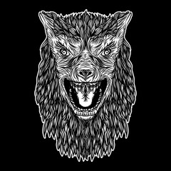 Wall Mural - Head of roaring wolf or werewolf. T-shirt print Halloween concept. Blackwork adult tattoo flash line style Vector.