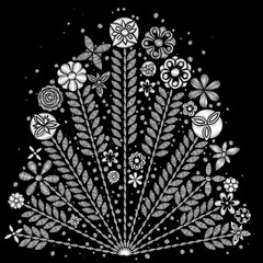 Black and white flower embroidery design. Embroidery ethnic floral neck line or short floral blooming for fashion wearing. Vector.