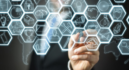 Businessman drawing multimedia hand-drawn interface