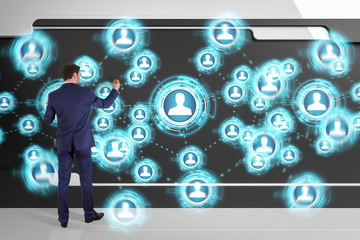 Sticker - Businessman using social network interface on a board 3D rendering