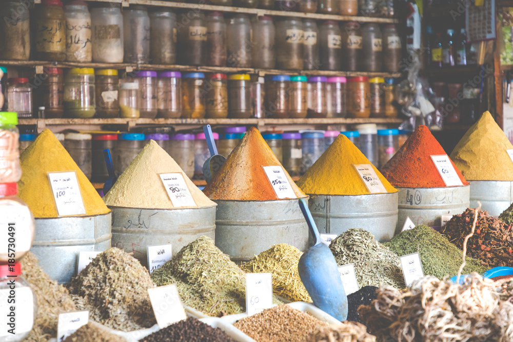 Selection of spices on a traditional Moroccan market (souk) in Marrakech, Morocco