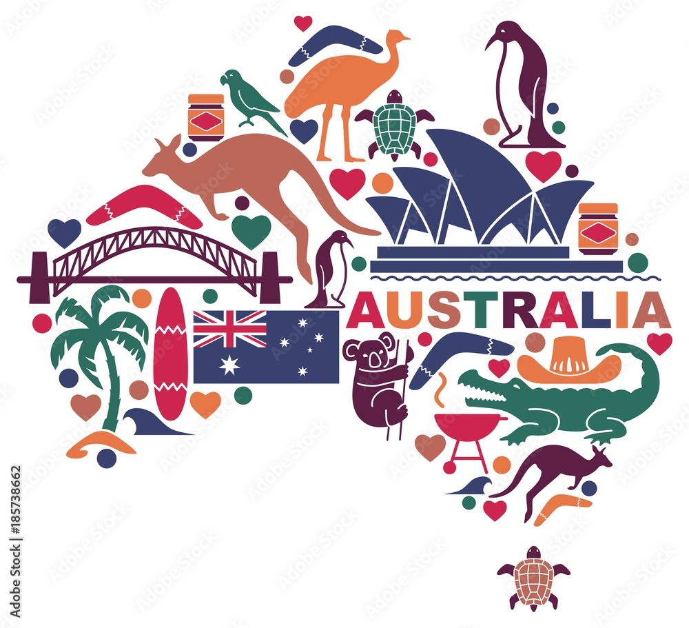 Australian icons in the form of a map - obrazy, fototapety, plakaty 
