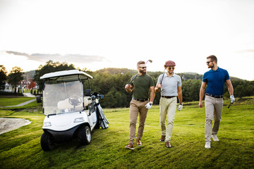 Mans playing golf on a golf course in the sun