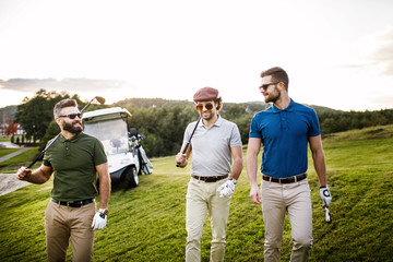 Mans playing golf on a golf course in the sun