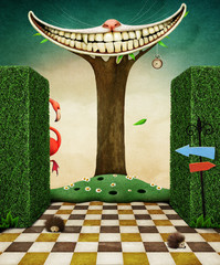 Conceptual illustration for  cover or poster with  fantasy smile on  big tree in  garden. 