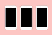 Isolated Shot Of Three Modern Electronic Gadgets On Pink Background With Copy Blank Screens. Modern Technologies Concept. Mobile Phones For Presenting Your Application
