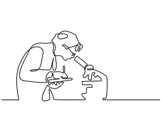 Wall Mural - Scientist woman looking through microscope in laboratory. Continuous line drawing. Vector illustration on white background