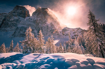 winter view of mount pelmo northern side with awesome light effects, dolomites, italy