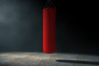 Red Leather Punching Bag for Boxing Training in the Volumetric Light. 3d Rendering