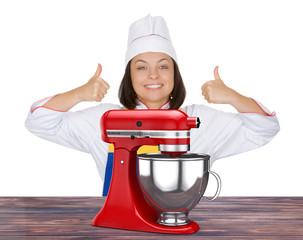 Poster - Beautiful Young Woman Chef Show Thumbs Up near Red Kitchen Stand Food Mixer.