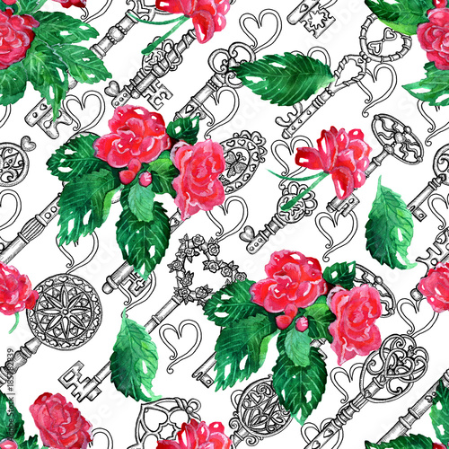 Seamless Pattern With Old Keys And Blooming Flowers On White