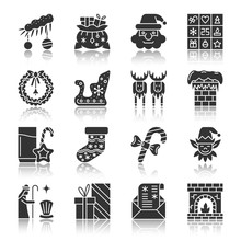 Christmas, New Year Silhouette Icons With Reflect