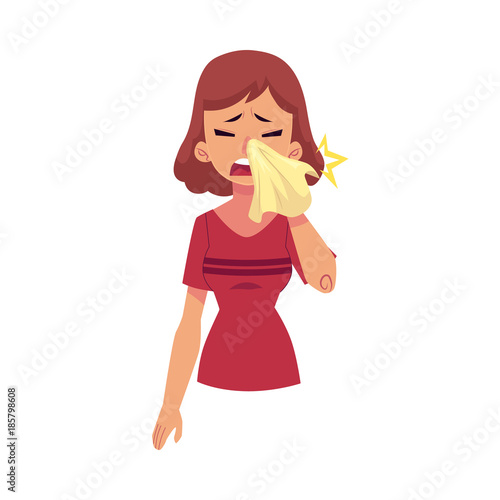Vector Flat Young Sick Girl Suffering From Rhinitis Holding Napkins Facial Tissues Blowing Her Nose Sneezing Cartoon Isolated Illustration On A White Background Illness Disease Symptoms Concept Buy This Stock Vector