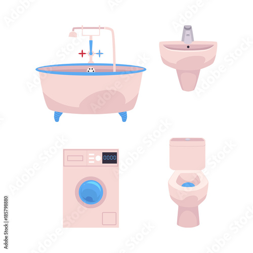 Vector Cartoon Bathroom Appliances Set Ceramic Pink Colored