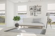 © AntonSh - Idea of white room with sofa and summer landscape in window. Scandinavian interior design. 3D illustration