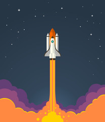 space rocket launch. vector illustration of starting space rocket with smoke clouds on dark night sk