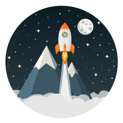 Wall Mural - Rakete startet ins Weltall mit Mond, Sternen und Bergen Flat Design Icon