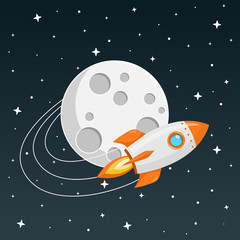 Wall Mural - Rakete fliegt um den Mond Flat Design Icon